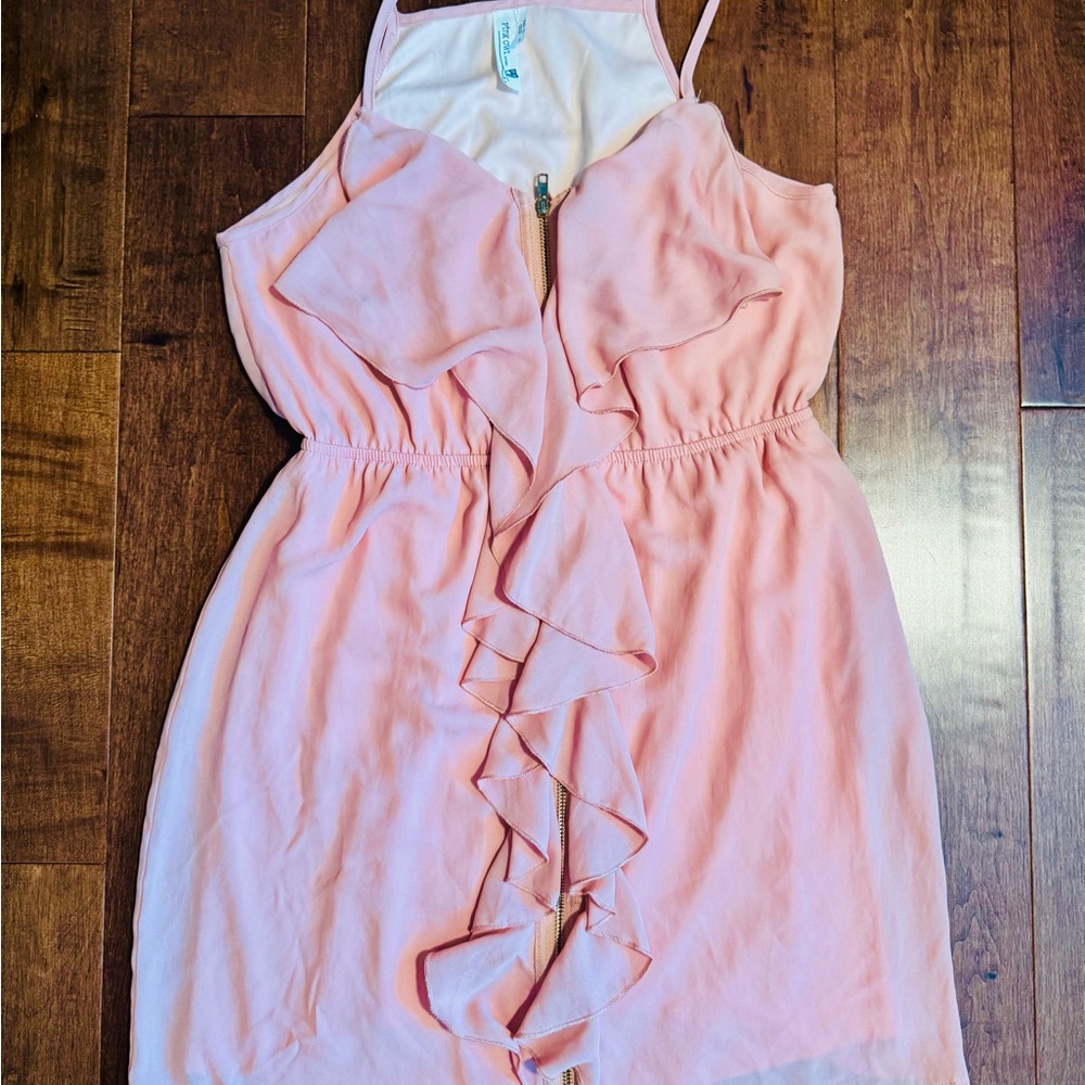 Pink Ruffle Front Zipper Detail Dress